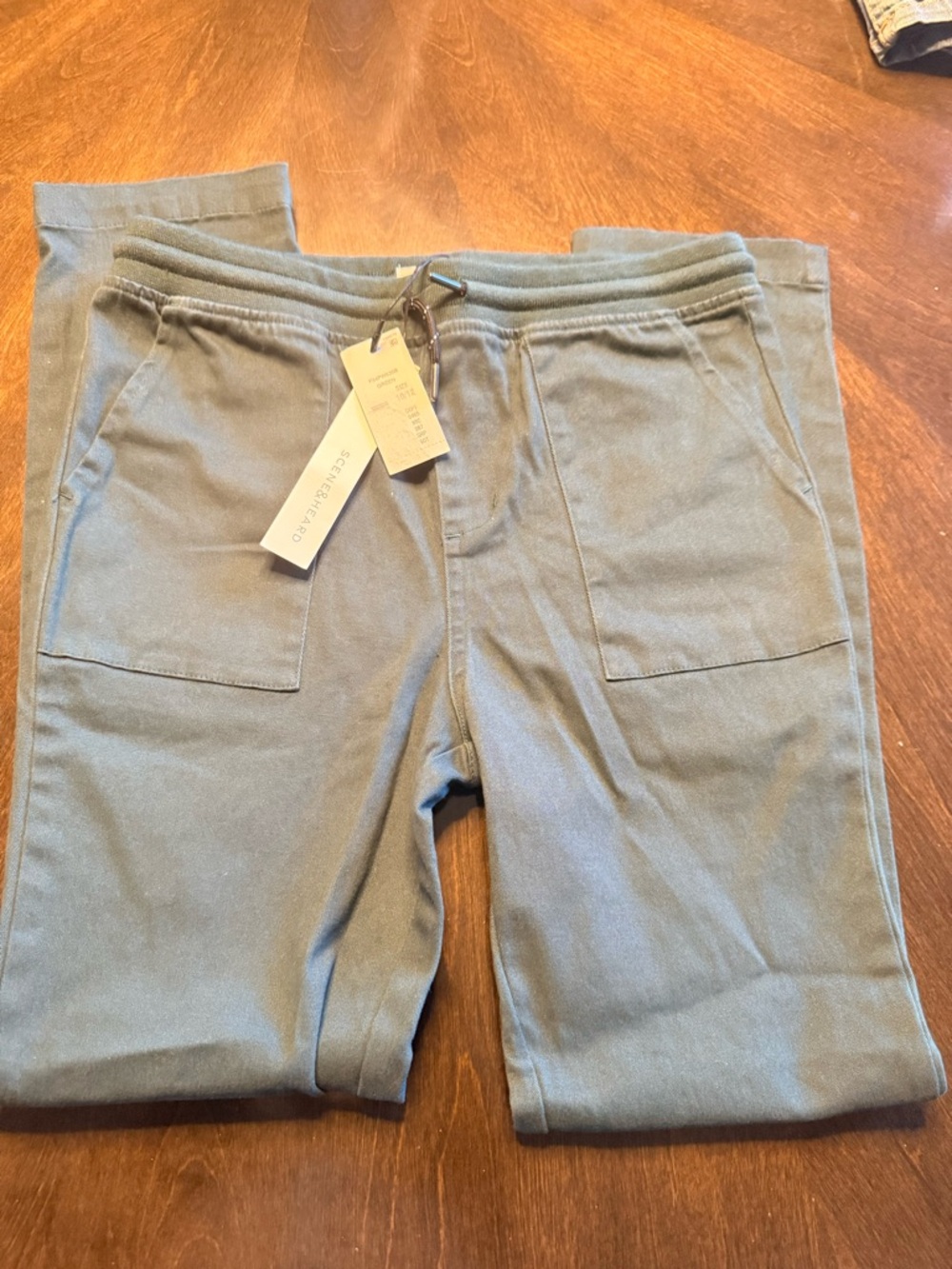 USED Boys Olive Green Drawstring Joggers with Front Patch Pockets